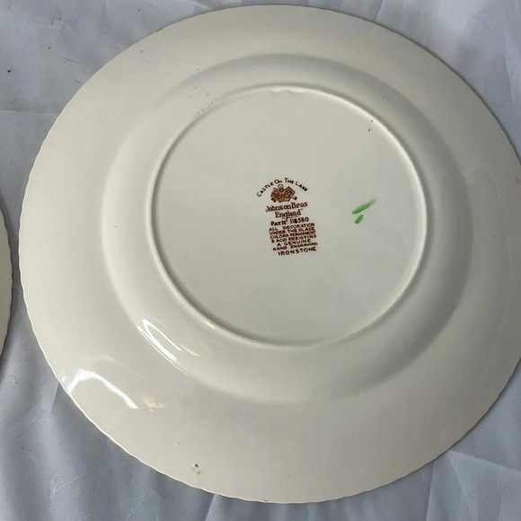 VINTAGE Castle On The Lake Johnson Bros England 2 Dinner Plates Ironstone Brown - Picture 7 of 10